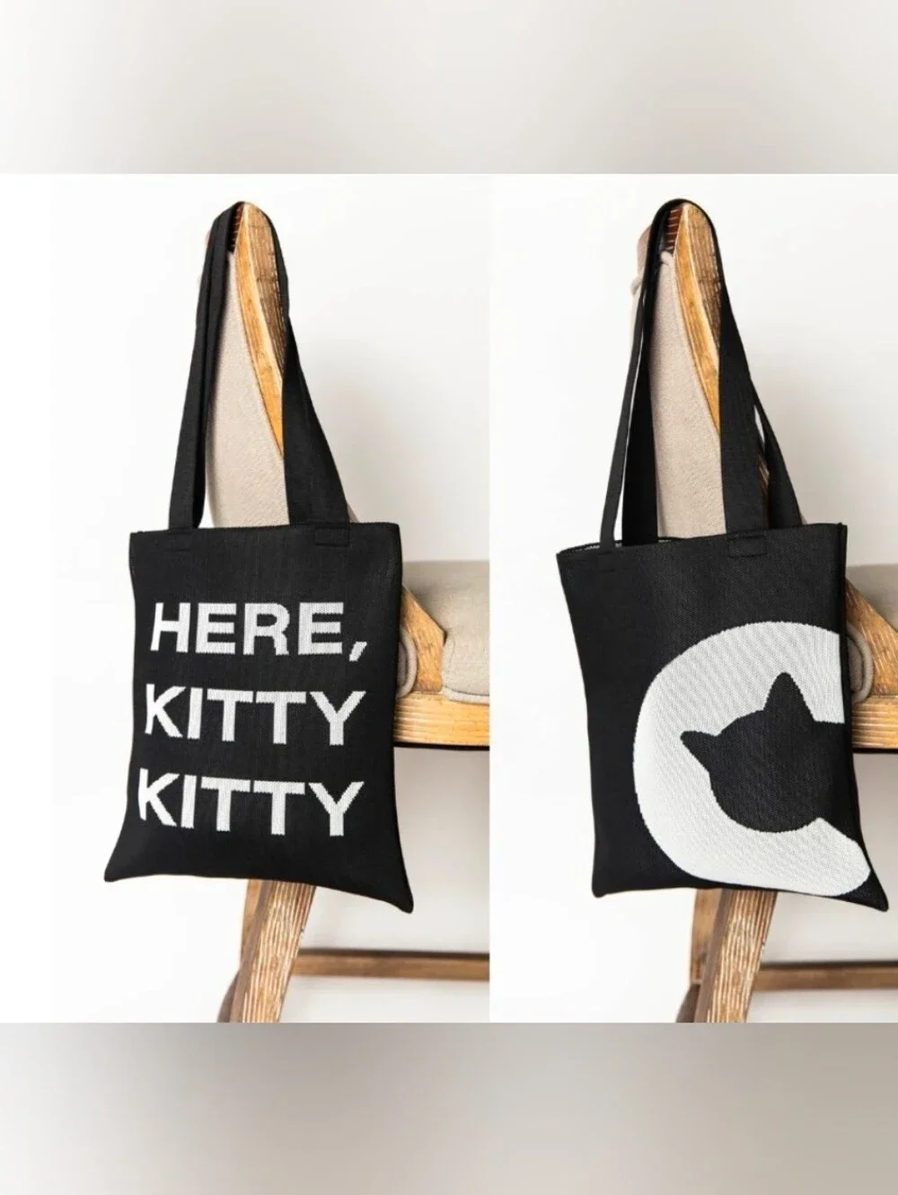 Cat Lady brand HERE KITTY KITTY Double Sided Black Woven Flat Tote bag NWT